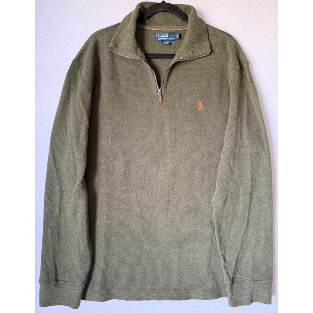 Polo Ralph Lauren Sweater Men XL Green 1/4 Zip 100% Cotton‎ Pullover Mock Neck